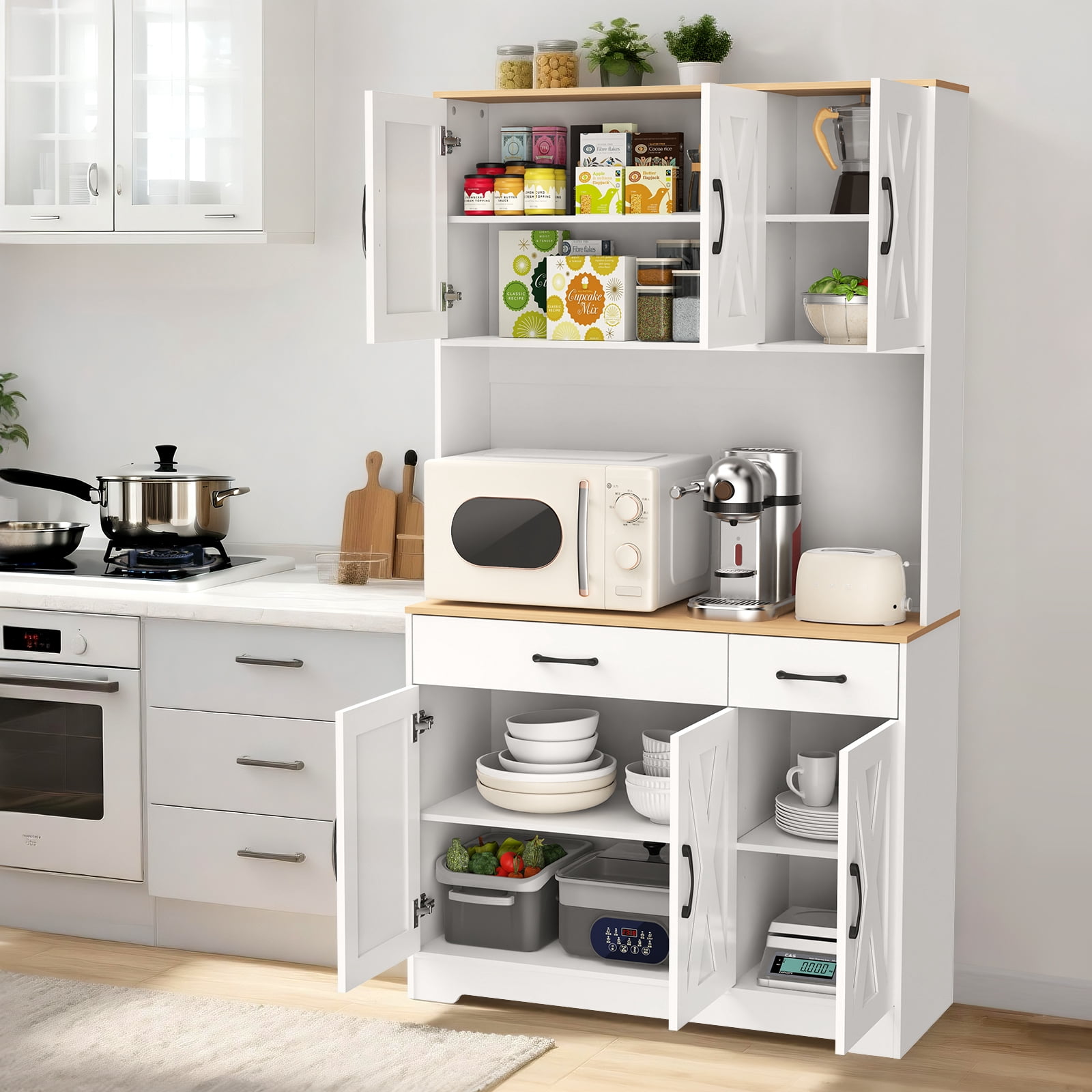 67" Tall Kitchen Pantry Cabinet with Charging Station, Farmhouse Hutch with Microwave Stand & Drawers for Dining Room & Living Room Storage，White