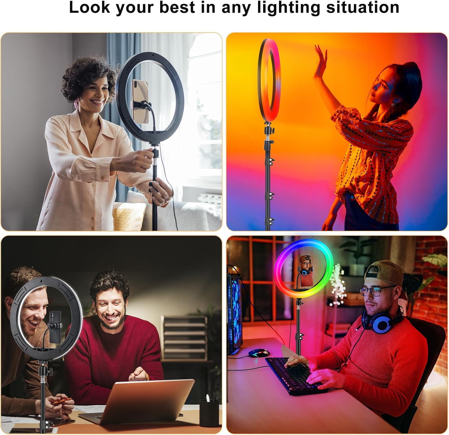 13" Selfie Ring Light with Stand 76" Tall & Phone Holders,Sunset Lamp, Tablet Holder,Desk Tripod& 51 Color Modes,