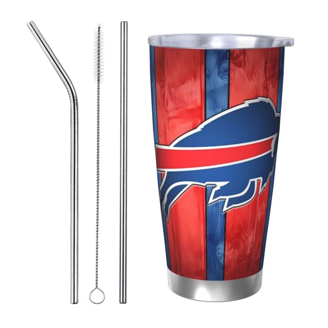 Taza térmica duradera de acero inoxidable 304 con tema del equipo de fútbol Bills con tapa y pajita Taza térmica de acero inoxidable de 20 oz Taza para automóvil Adecuada para bebidas frías y
