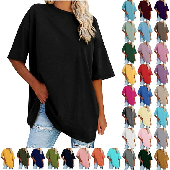 Otntypg Women's Oversized T Shirts Trendy Solid Color Round Neck Baggy Tees Summer Half Sleeve Casual Comfy Cozy Cotton Tunic Tops Army Green#01 S