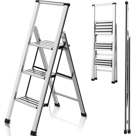 Step Ladder 3 Step Folding Aluminum Small Step Stool with Handle for Kitchen Closet, Stool for Adults Seniors, Wide Anti Slip Pedal, Lightweight Portable Ladders for Home