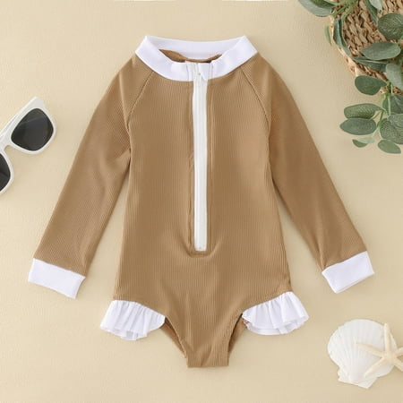 

WERYOUNG Summer Toddler Girls Long Sleeve Solid Color Ruffles 1 Piece Swimwear Beach Onesie Swimsuit Bikini Child Cute Beachwear