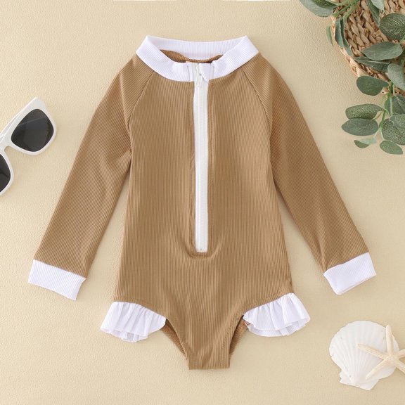 Huowey Summer Toddler Girls Long Sleeve Swimsuit Zip Up Solid Color Ruffles Ribbed One-Piece Swimwear Rash Guard Uv Protection Upf 50 Beach Onesie Bikini Bathing Suit,Brown,18-24 Months