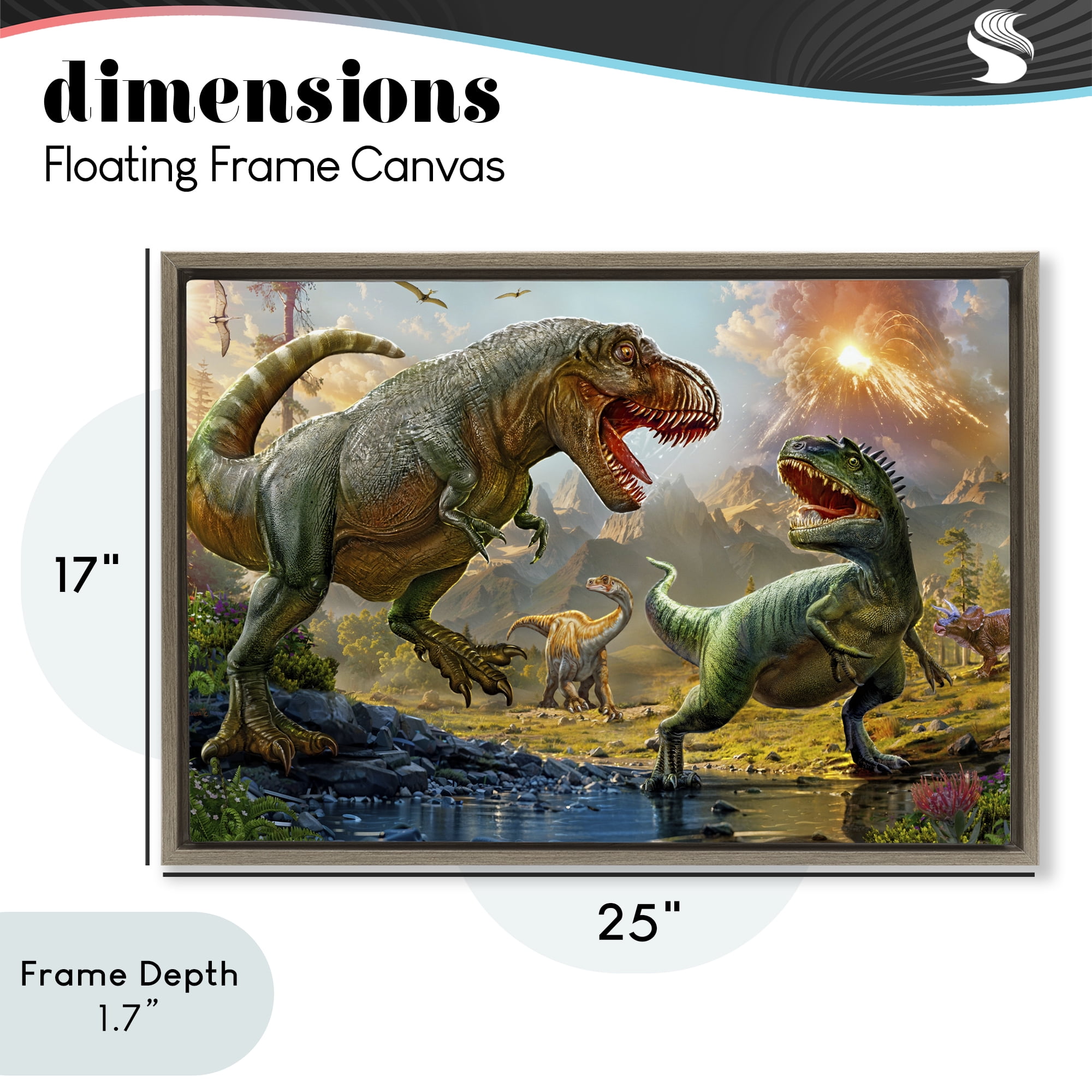 Stupell Industries T-Rex Encounter at Riverbank Brown Framed Floater Canvas Wall Art, design by Henriette Chinaglia