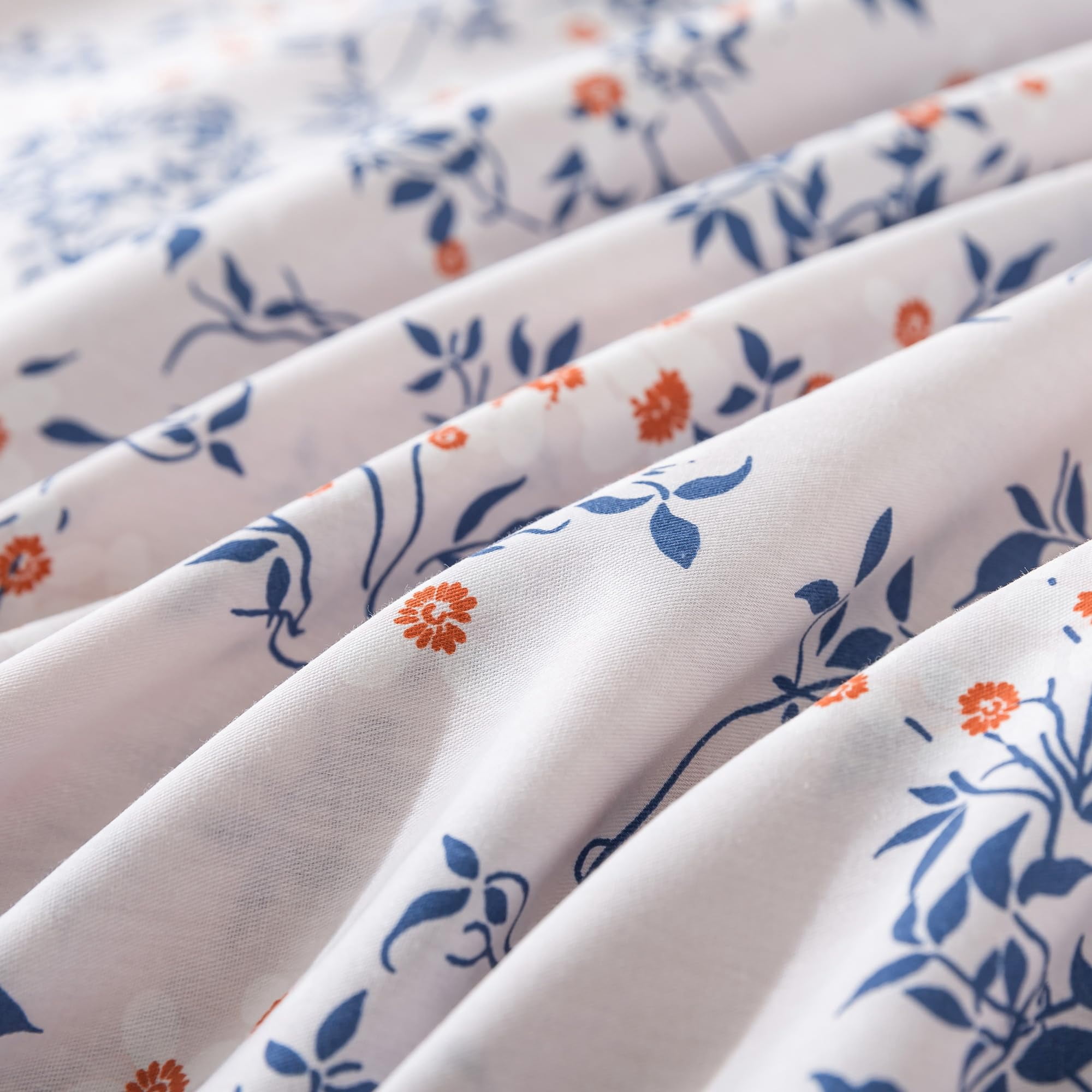 HoneiLife 3pc Duvet Cover Queen Size - 100% Cotton Comforter Floral Breathable Duvet Cover with Zipper Closure & Corner Ties, Blue Leaves