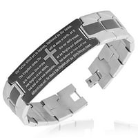 Stainless Steel Black Silver-Tone Religious Cross English Prayer Mens Bracelet