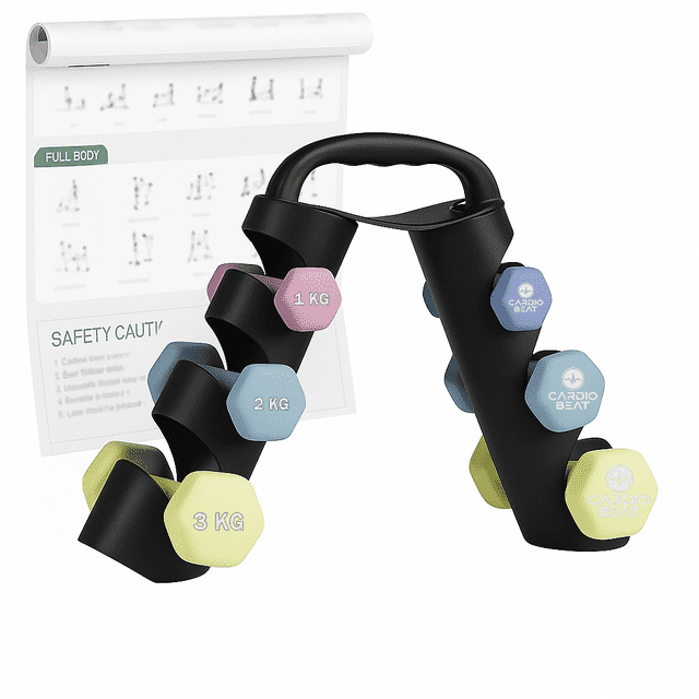 Set de 6 Mancuernas en par de 1 Kg, 2 Kg, 3 kg con Estante Porta Mancuernas de Neopreno Cardio Beat