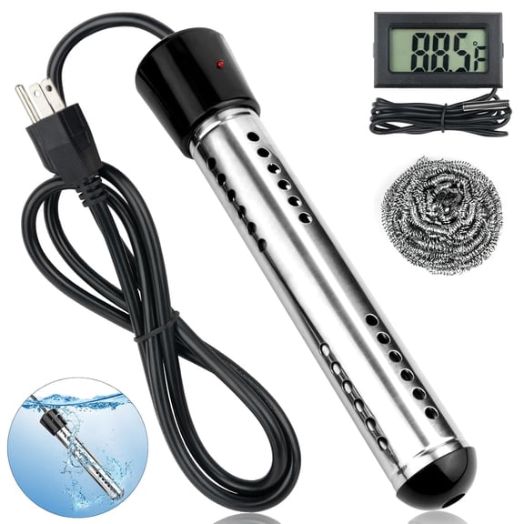 JOGGEIL Immersion Water Heater 1500W, Portable Submersible Water Heater with Full 304 Stainless Steel Guard and LCD Thermometer, Fast Heating for Bucket, Bathtub, Small Pool, Black