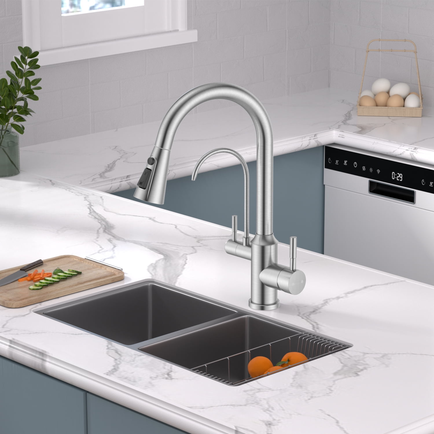 APPASO Kitchen Faucet with Water Filter, Pull Out 3 Way Sink Faucets with Sprayer, High Arch 2 Handle Faucet with Water Purifier - 3 in 1 Faucet Brushed Nickel (Without Water Filtration Device)