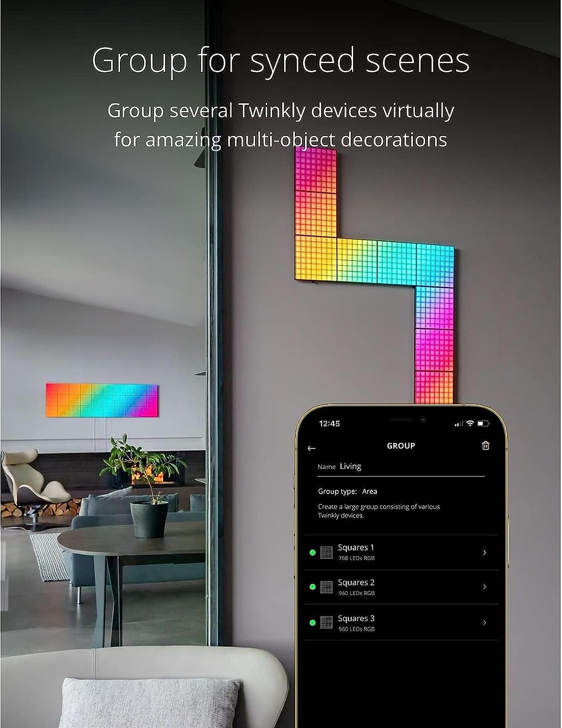 Twinkly Squares Smart LED Panel Light Kit, 64 RGB Pixels, 16 Million Colors, Black, USB-C, Expandable Indoor Lighting