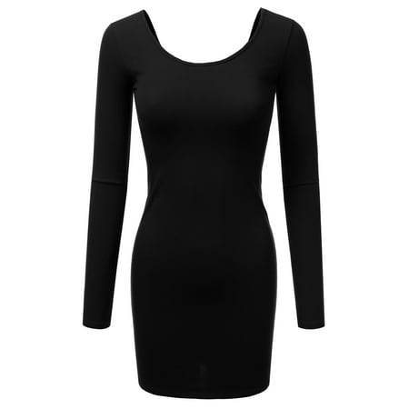 Doublju Stretchy Cotton Long Sleeve Slim Fit Tunic Mini Dress For Women With Plus Size BLACK