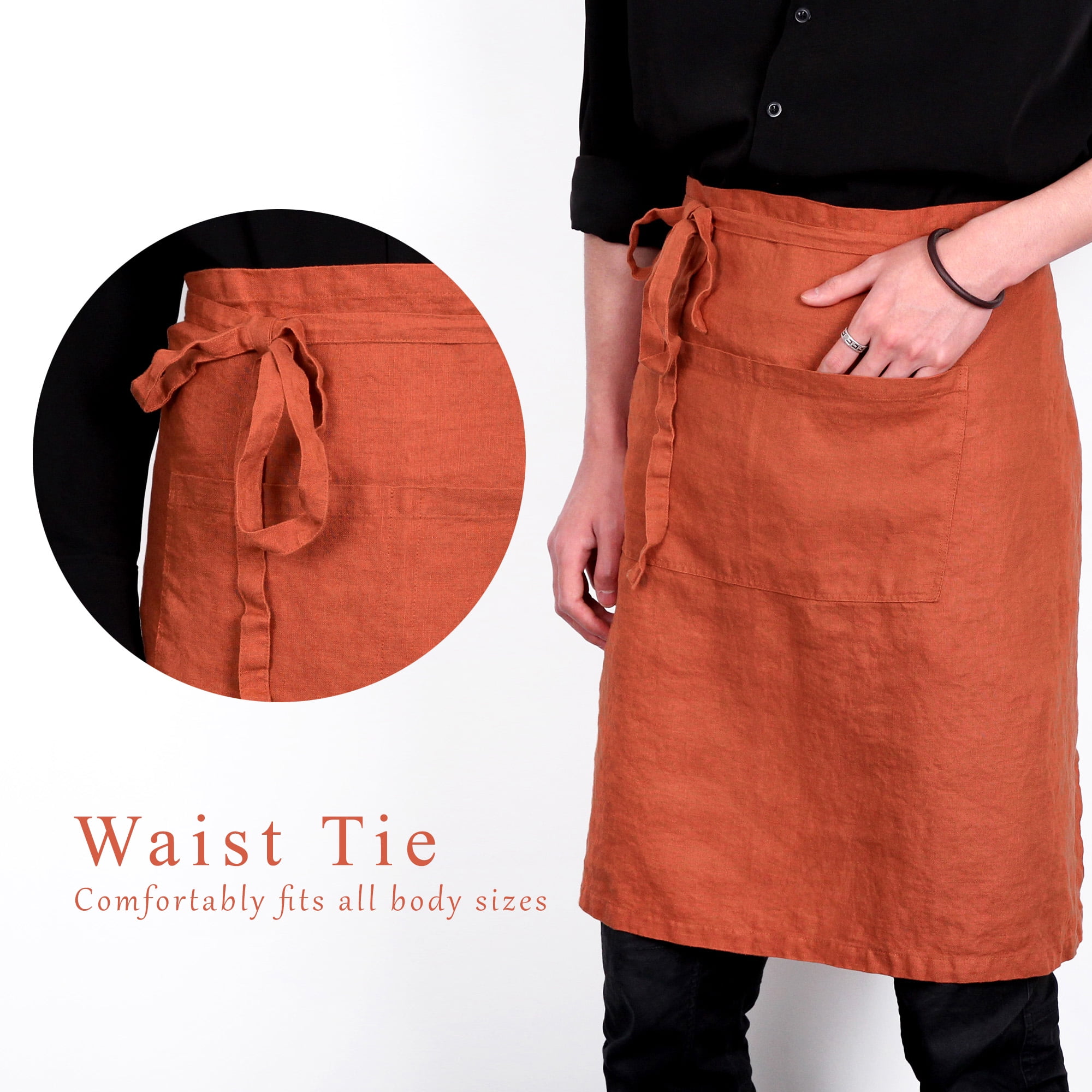 100% Linen Bistro Apron with Pockets 25x35 inch - Unisex Half Apron - Caramel