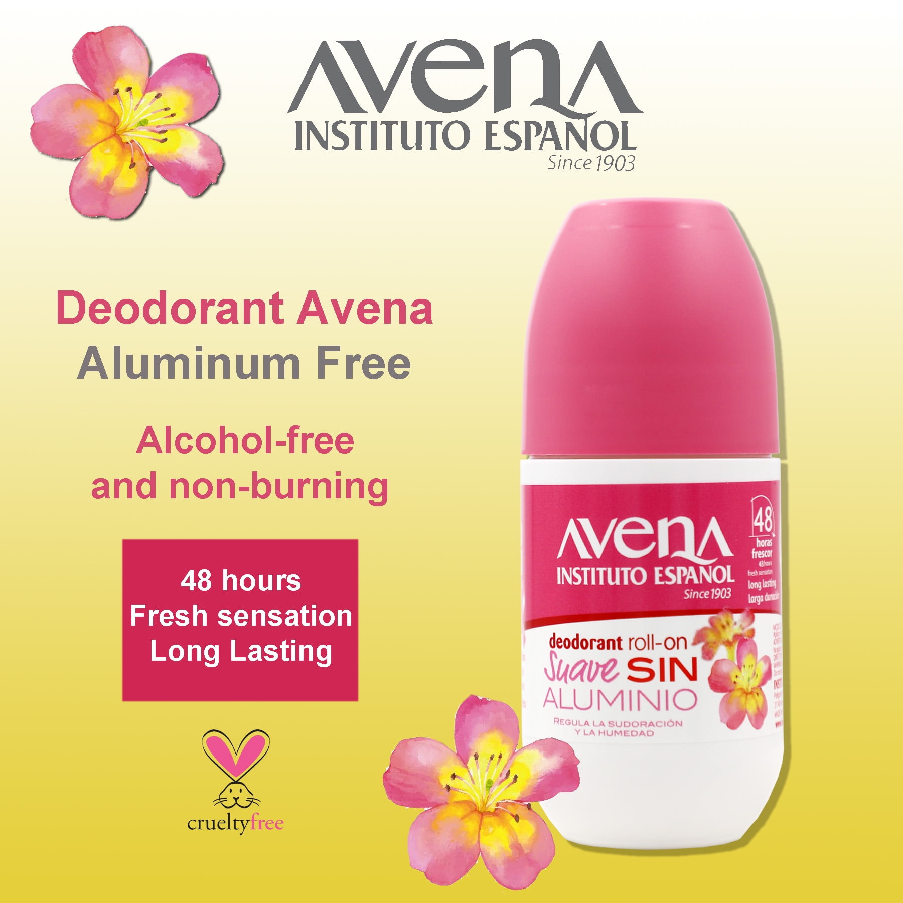 (2 pack) Avena Deodorant Roll-on Suave, Long-Lasting, Non-Alcohol. Unisex, 2.5 oz
