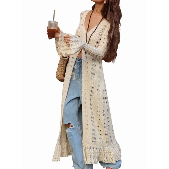 Women Elegant Crochet Knit Maxi Dress Button Down Hollow Out Cover Up Vacation Long Dress Beige L