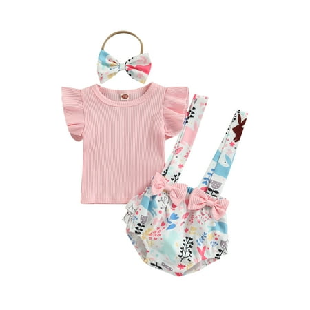 

Arvbitana 0-18 Months Infant Girl Easter Suspender Short Set Ribbed Solid Color Fly Sleeve Shirt Bunny Suspender Short+Headband 3 Pcs