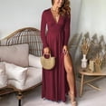 thumbnail image 2 of wo-fusoul Women Deep V Neck Long Sleeve Slit 2024 Fall Elegant Formal Wedding Guest Cocktail Evening Date Prom Maxi Long Dress Wine M, 2 of 8