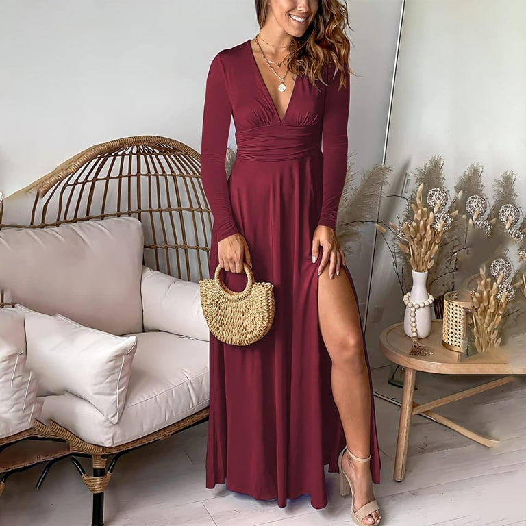 Annhoo Cocktail Dresses for Women Elegant V Neck Side Slit Long Sleeve Maxi Dress High Waist Ruched Evening Party Dress - Walmart.com Annhoo Cocktail Dresses for Women Elegant V Neck Side Slit Long Sleeve Maxi Dress High Waist Ruched Evening Party Dress - Walmart.com