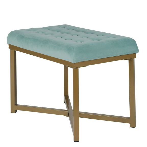 Benjara Metal Framed Bench with Button Tufted Velvet Upholstered Seat, Teal Blue and Gold