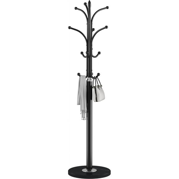 Metal Coat Rack Stand,Free Standing Hat Hanger with Marble Base,Hall Tree with 12 Hooks for Hanging Hat,Clothes,Bag,Entryway Storage Organizer,Black
