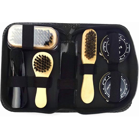 8PCS Shoe Shine Care Kit with Black and Neutral Polish Polishing Cloth Wooden Handle Brushes Zipper Travel Case for Boots Shoes Sneakers
