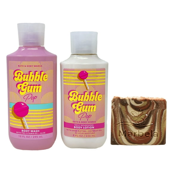 Bath & Body Works Bubble Gum Pop Body Wash and Body Lotion Duo Set with a Clay Baby Bar Soap - Full Size