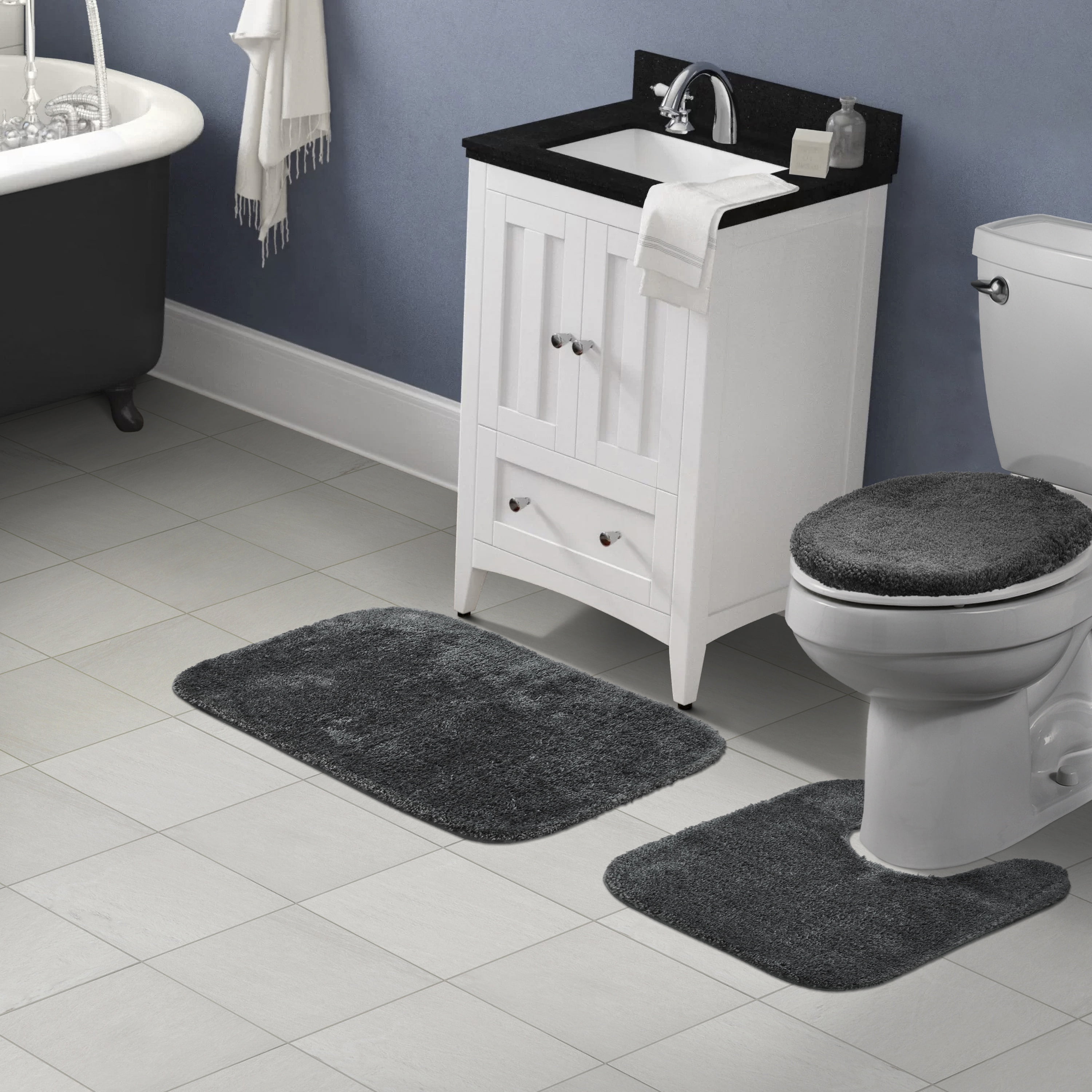 Garland Rug Traditional Washable Bath Rug Set, 3 Piece Set (21"x34" Bath Rug, Contour Rug, & Toilet Lid) Dark Gray
