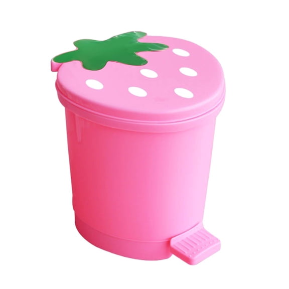 Cartoon Strawberry Shaped Desktop Trash Can Plastic Mini Waste Basket,Press-Top Small Tabletop Bin for Bedroom Office Bathroom 4x3 Inch
