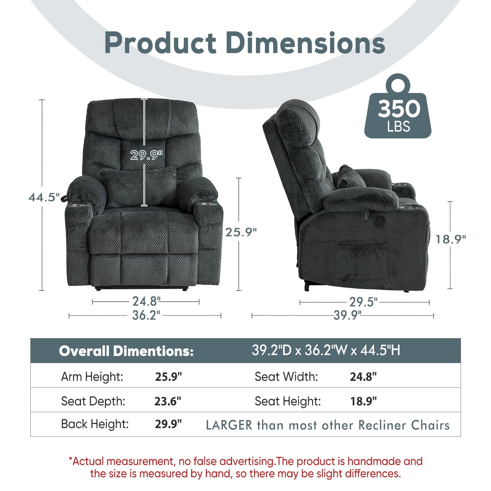 JULY'S SONG Dual Motor Lay Flat Power Lift Recliner Chair with Heat and Massage, USB & Type-C Ports, Large Recliners for Living Room, Oversized Recliner for Adults & Elderly - Grey