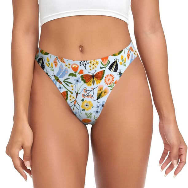 Balery Insects and Flowers Tangas de Algodón para Mujer con Estampado – Ropa Interior Sexy, Transpirable, G-string-Large