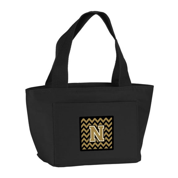 Letter N Chevron Black and Gold  Lunch Bag