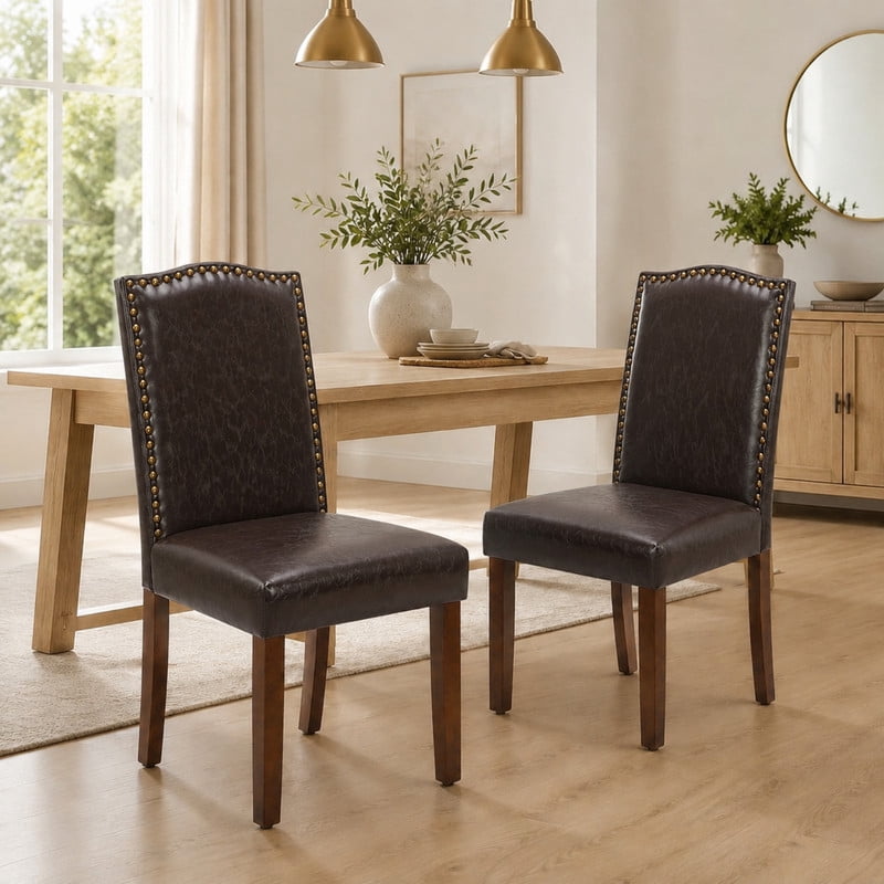 BEAUTYPEAK Dining Chairs Set of 2 Upholstered Parsons Chairs with Nailhead Trim Padded Leather Seats and Wood Legs, Brown