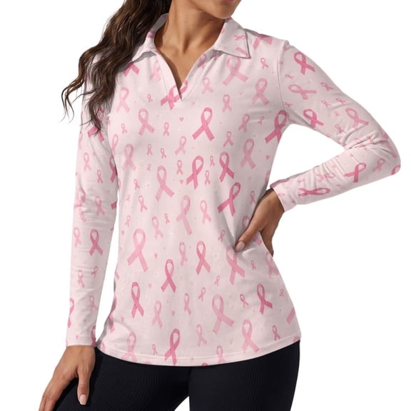 Xoenoiee Pink Ribbon Heart Floral Print V-Neck Golf Polo Shirts Breast Cancer Awareness Long Sleeve UPF 50 Tunic Top Moisture Wicking Lightweight Casual Work Tennis Shirts Golf Apparel, XS