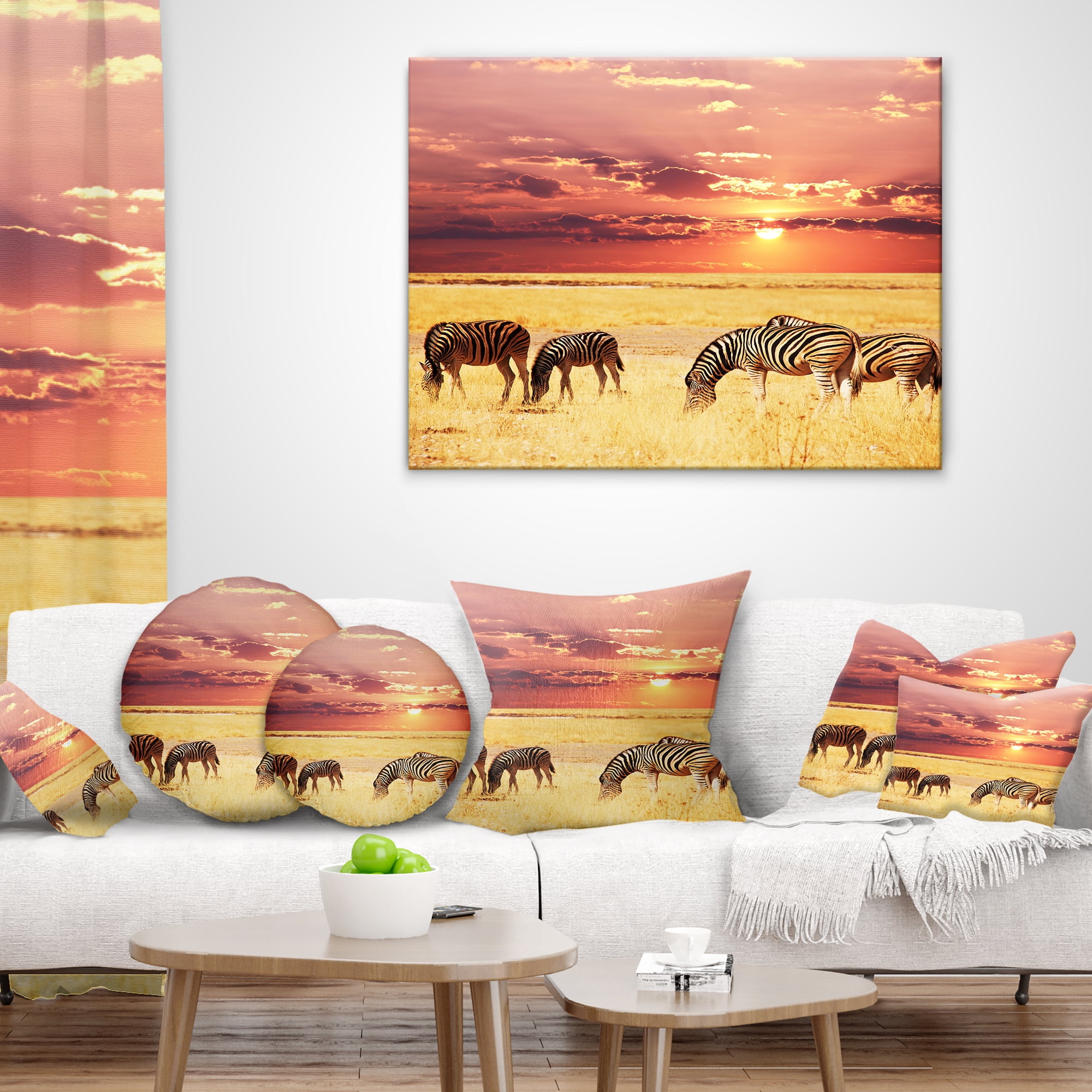 Designart Zebras Grazing Together at Sunset - Modern Landscape Printed Throw Pillow - 12x20