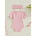 thumbnail image 2 of FEORJGP Toddler Baby Girl 2Pcs Summer Outfits 0 3M 6M 9M 12M 18M Infant Solid Short Sleeve Jumpsuits Crew Neck Ribbed Rompers with Headband Set Newbors Fashion Basic Casual Clothes for Daily, 2 of 6