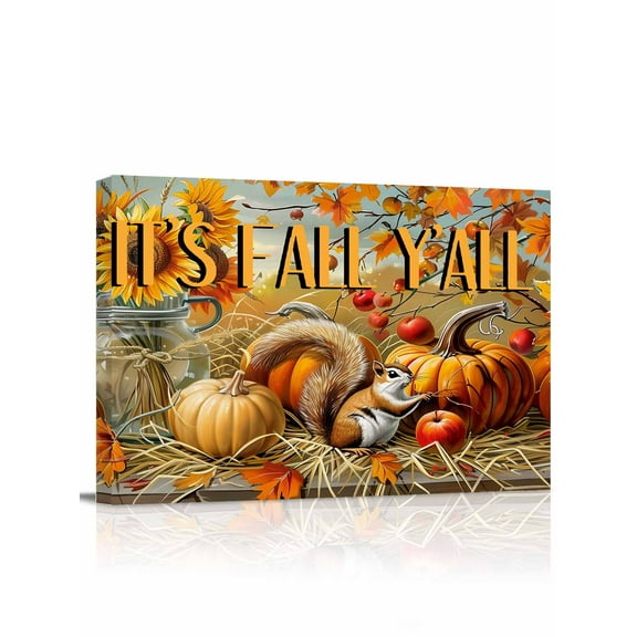 Fall Pumpkin Canvas Print Wall Art Framed Canvas Art Wall Decor Cute Squirrel Thanksgiving Maple Leaves Pictures Painting Morden Artwork for Living Room Bedroom, Ready to Hang - 12"x16"