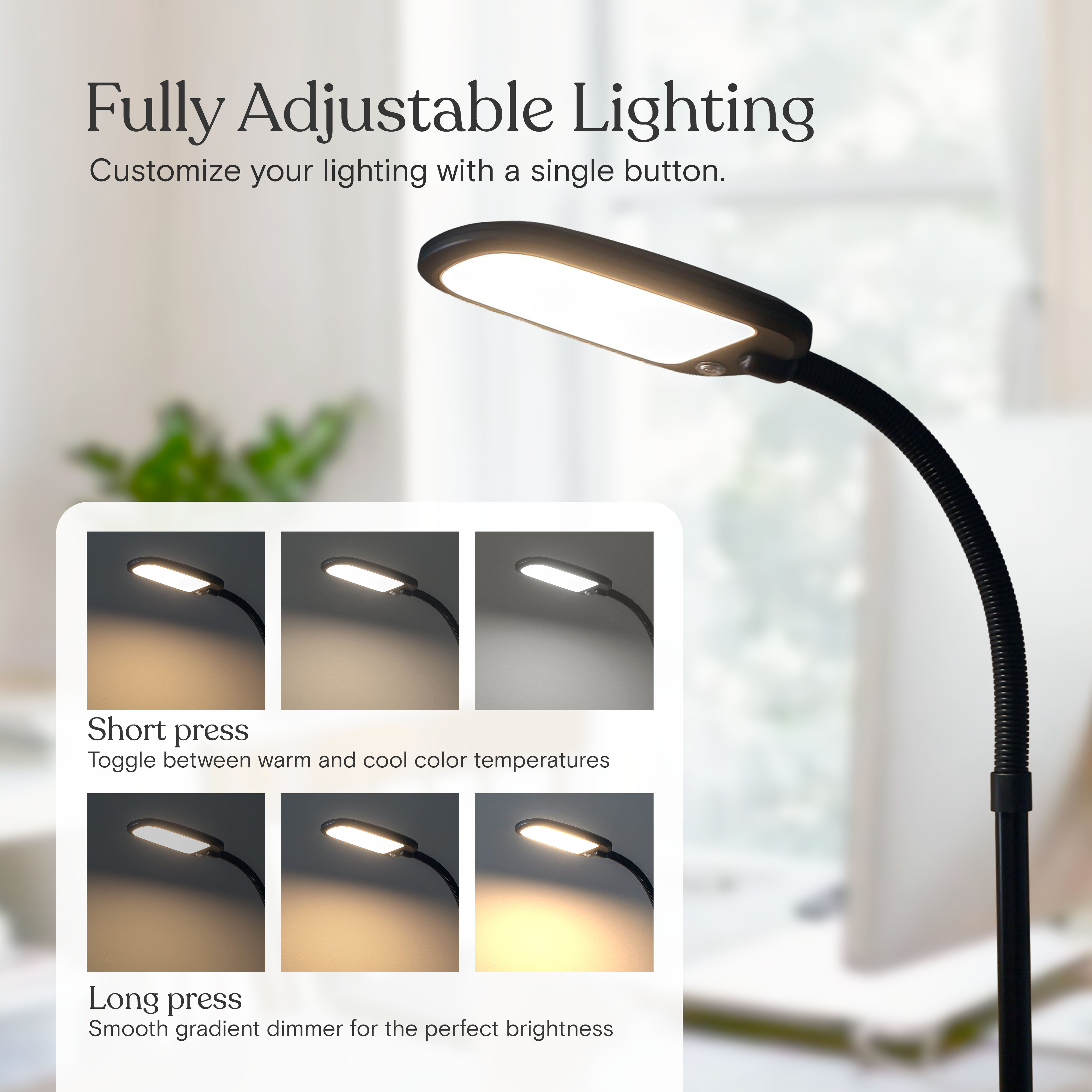 Brightech Litespan Slim - Super Bright LED Lamp for Reading & Crafts - Dimmable Lash Light with 3 Light Colors Incl. Natural Daylight - Adjustable Gooseneck Pole Lamp for Offices - Black