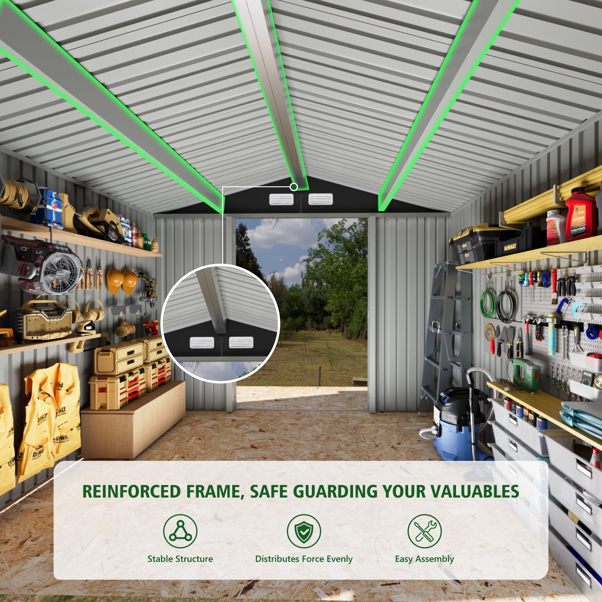 10 ft. W x 12 ft. D Outdoor Metal Tool Storage Shed with Led Light & Air Vents