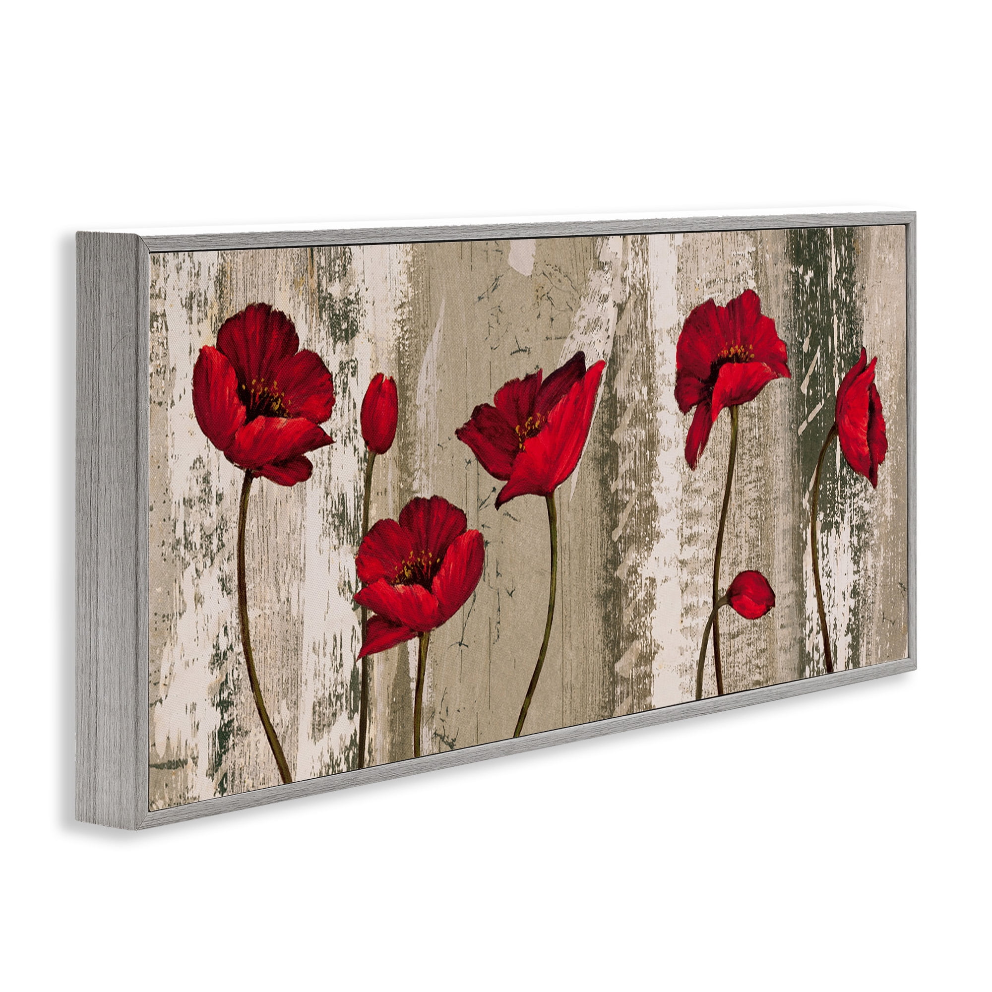 Stupell Industries Red Poppies Rustic Pattern Botanical & Floral Painting Gray Framed Art Print Wall Art, 24 x 10