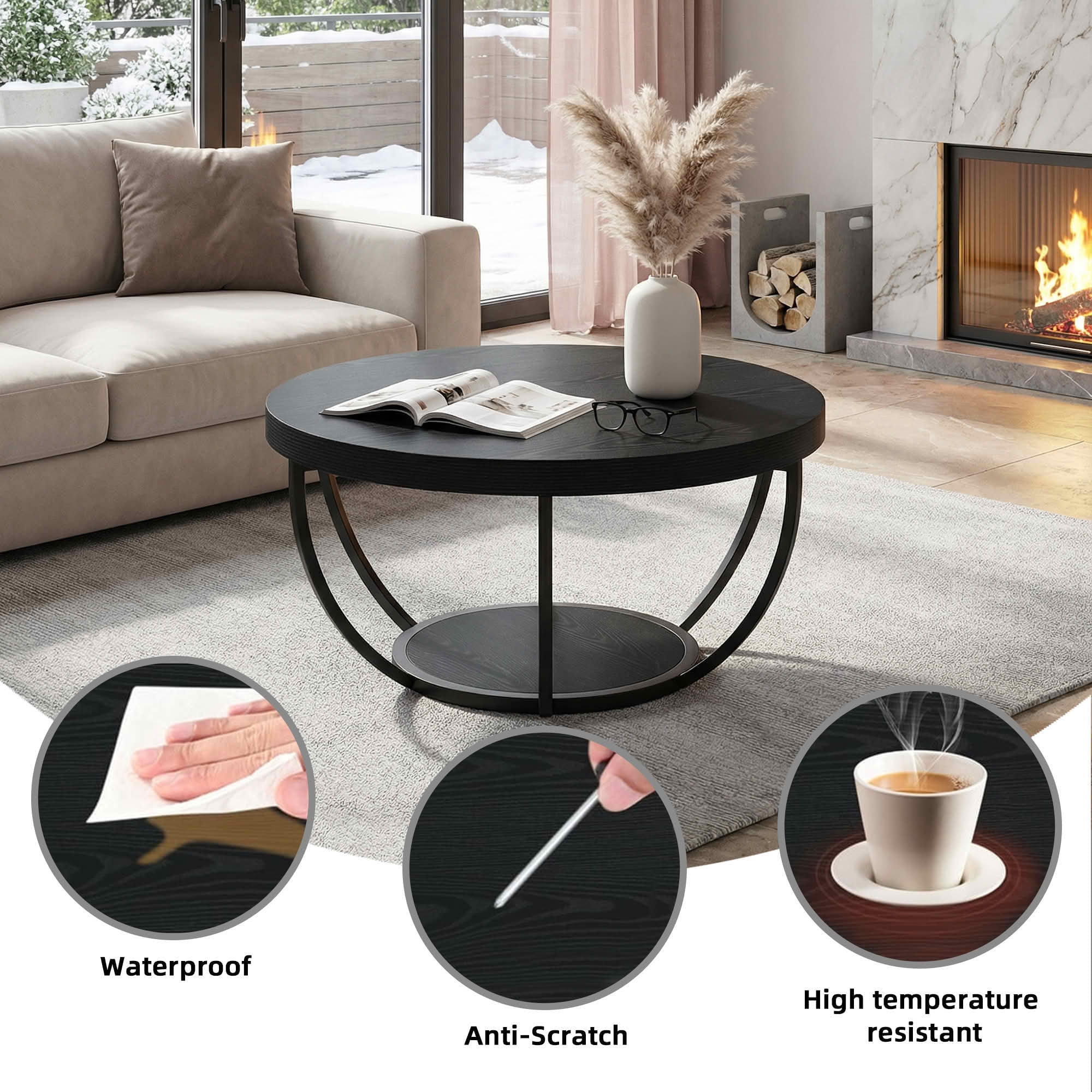 MAYEETY 2-Tier Round Wooden Coffee Table Living Room Storage Table