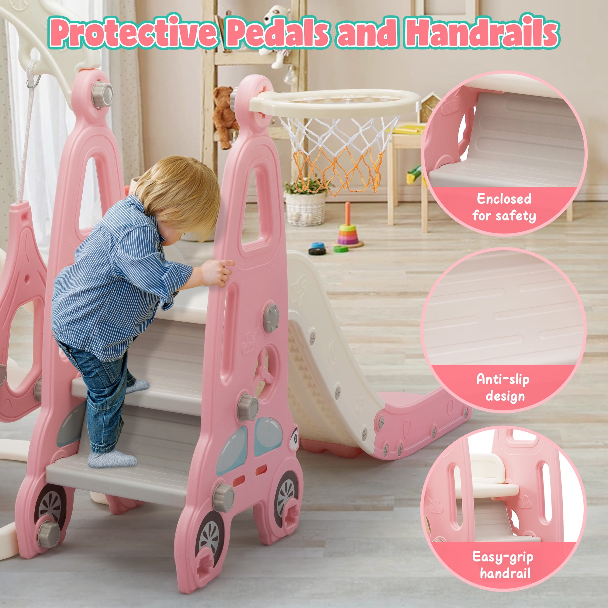 NYEEKOY 6 in 1 Toddler Slide and Swing Set, Indoor and Outdoor Kids Playset with Slide, Swing, Climber, Basketball Hoop and Ring Toss Game, Kids Slide and Swing Playground for Toddlers Age 1-8