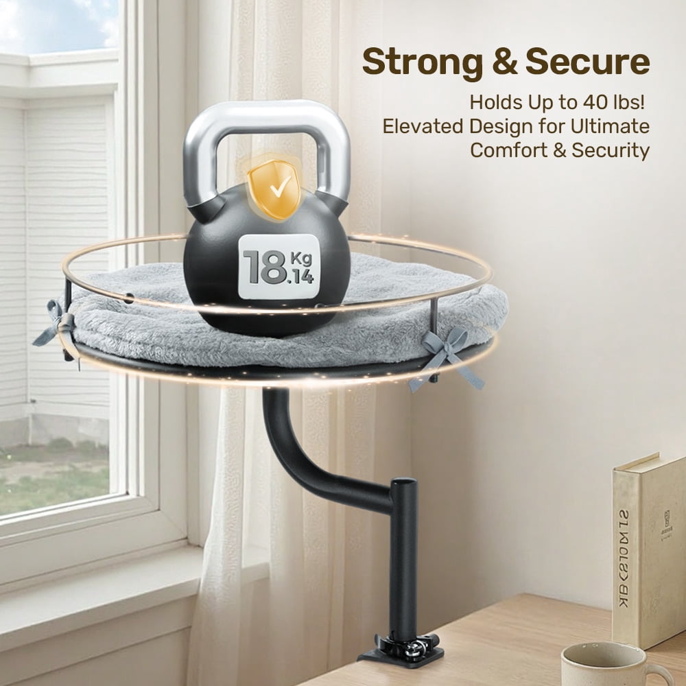 DOMIPET Cat Desk Bed with 360° Rotation & Height Adjustment, Desk Mounted Perch Attachment, Elevated Nest Cat Bed for Table Desktop, Cat Hammock with Washable Cushions, 40LB Capacity