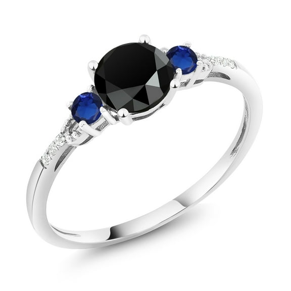 Gem Stone King 10K White Gold Black Onyx Blue Created Sapphire and White Diamond Accent 3-Stone Engagement Ring for Women (0.94 Cttw, Round 6MM, Gemstone December Birthstone, Size 7)