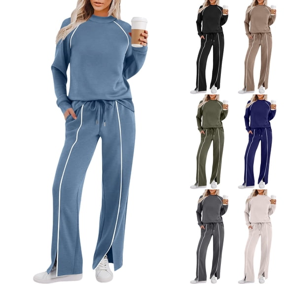 QATAINLAV Women 2 Piece Lounge Sets Striped Long Sleeve Shirts Matching Side Slits Wide Leg Pants Tracksuit Travel Vacation Outfits, Black, M
