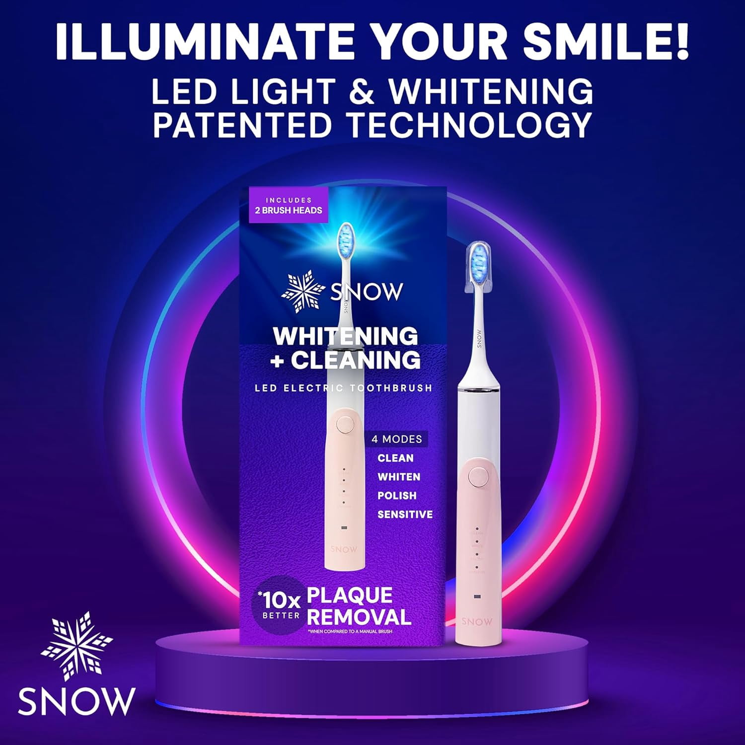 Snow LED Electric Toothbrush Gen 2 - Rechargeable Electronic Brush for Adults - Sonic Technology w/LED Light Whitening & Cleaning Powered w/Sonic Technology for Oral Routine Coastal Sunset Pink Gen2