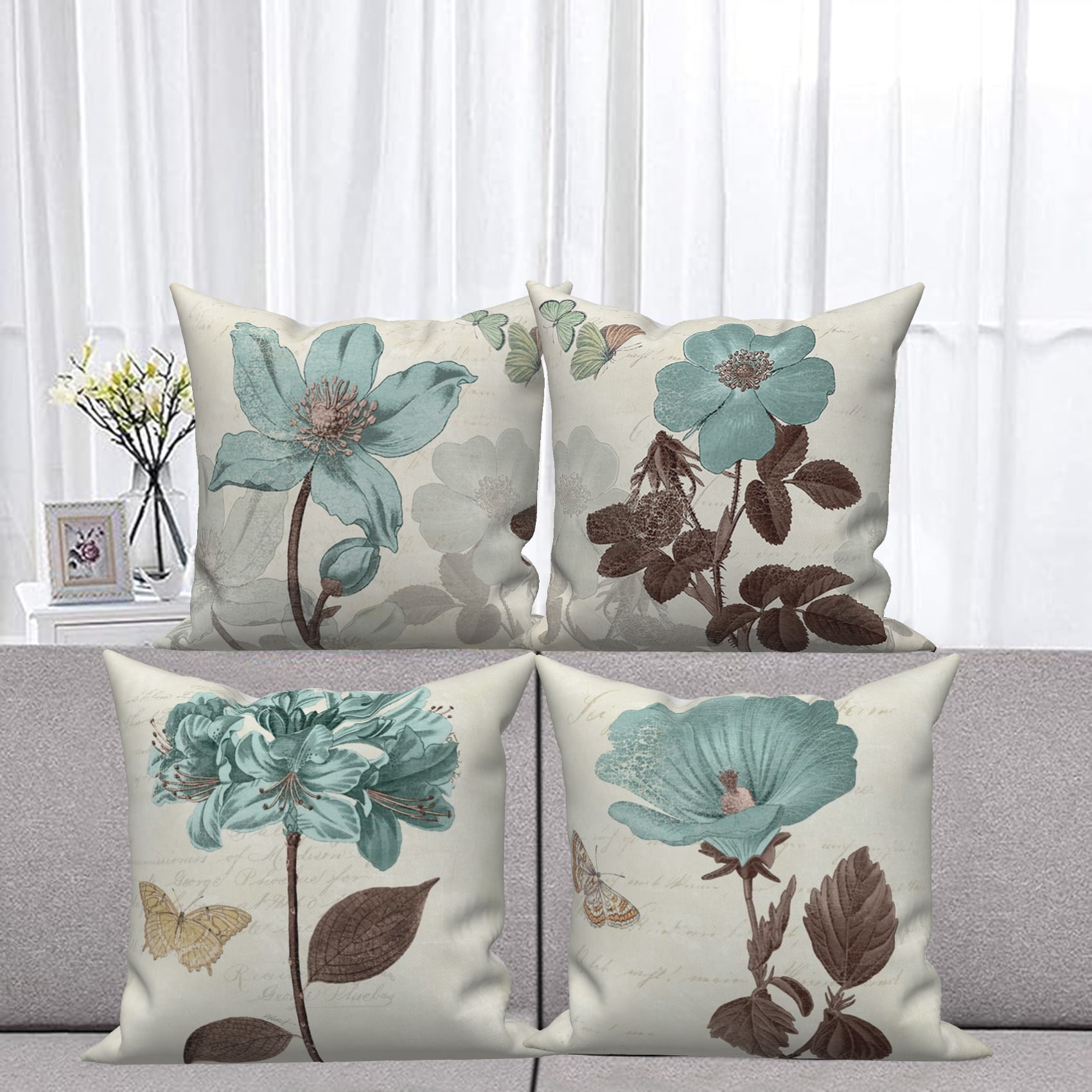 Dashan Floral Plant Throw Pillow Covers 20x20 Set of 4,Lotus Leaf Decorative Pillow Cases for Bedroom Sofa Couch