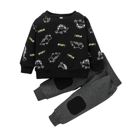 

YWDJ 6Months-5Years Outfit Sets for Boys New Kids Cartoon Pullover Cotton Dinosaur Print Sweater Suit Black 4-5Years
