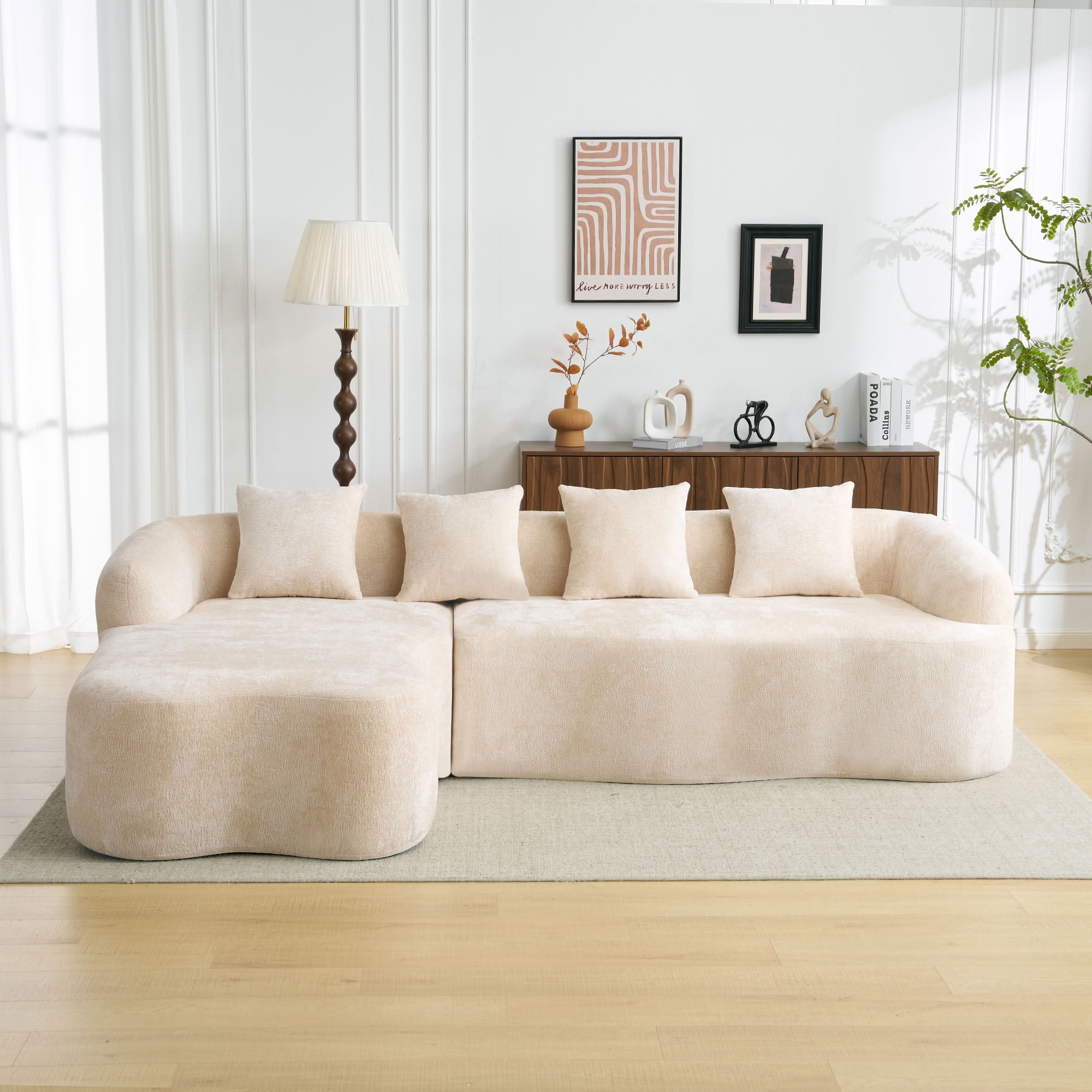 MAYEERTY L-Shaped Sectional Sofa with Curved Chaise Lounge, Chenille Modular Couch with 4 Throw Pillows, No-Assembly for Apartment Living Room Small Spaces