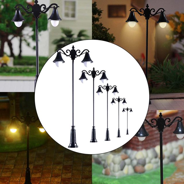 5 piezas de doble cabeza modelo tren lámpara Jardín de hadas césped calle paisaje modelo cálido iluminación LED luces poste escenario 1: 150 CUTICAT Escala de luces de edificios