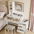 thumbnail image 5 of Makeup Vanity Desk with Mirror and Lights, Vanity Table with 5 Drawers, Vanity Set with Stool and Removable Side Storage Cabinet for Bedroom, White & Gold (White & White-Gold Handle), 5 of 7