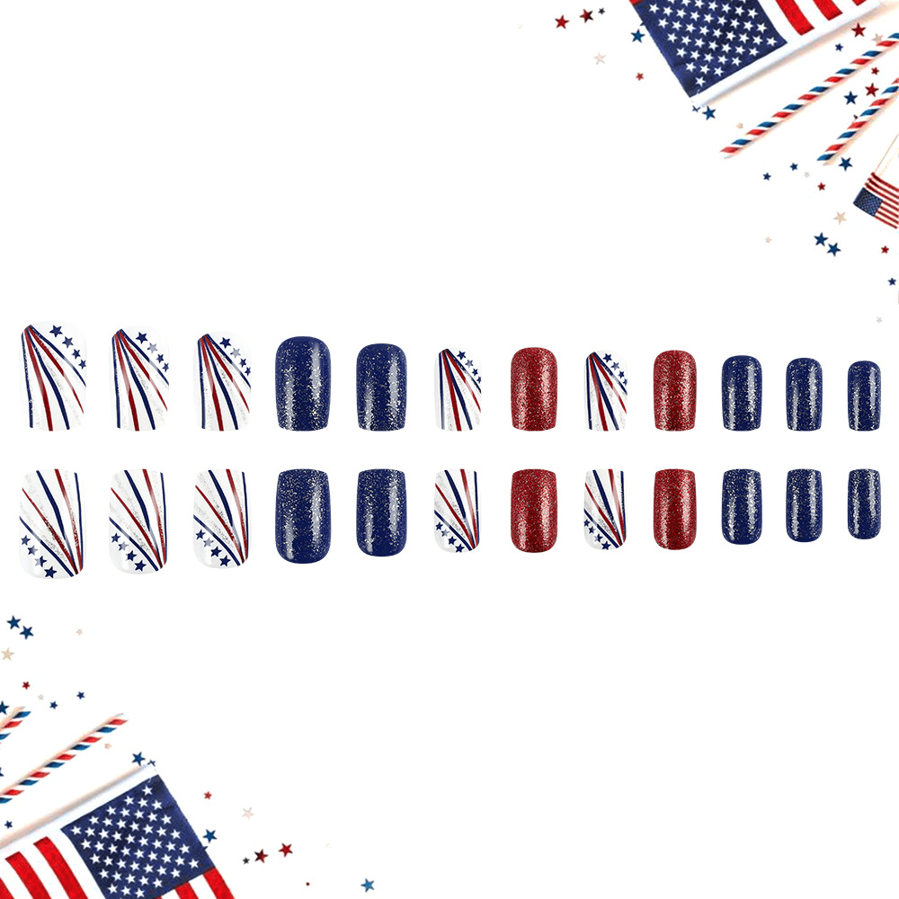 24Pcs 4th of July Press on Nails - Red White Blue Glitter Patriotic Fake Nails Full Cover False Nails with Stars (Independence Day)